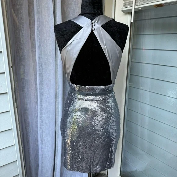 Bebe Silver Satin and Sequin Cocktail Dress Size Small - Picture 2 of 3